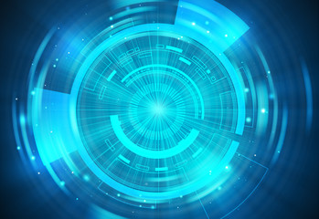 Blue technology background and abstract digital tech circle fractal radial.