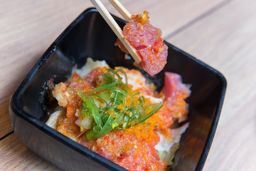 Mixed salmon sashimi set with spicy, Japanese Food