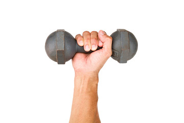 Man hand holding old dumbbell on white background with clipping path