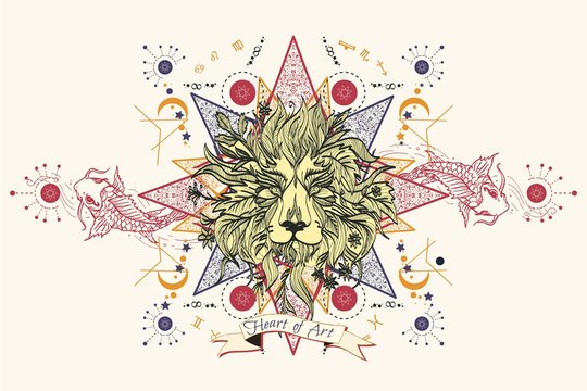 Astrology tattoo Lion Head. Mystic Lion sketch tattoo art