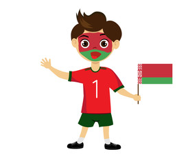 Fan of Belarus national football team, sports. Boy with flag in the colors of the state command with sports paraphernalia.