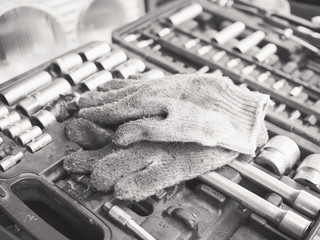 car engine with tools made with vintage filter