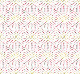 Geometric repeating vector ornament with hexagonal dotted elements. Seamless abstract modern pattern