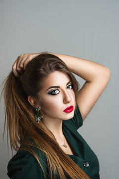 Portrait of beautiful sensual girl with red lips