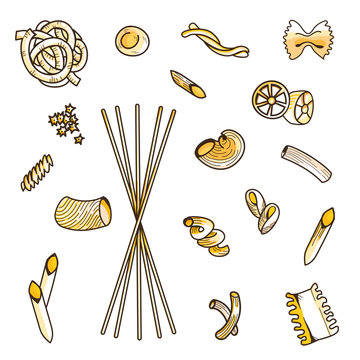 Collection set of different types of Italian pasta isolated on white background: penne, farfalle, trofie, rigatoni,  noodles, linguini, conchiglie, macaroni. Vector image, isolated, top view.