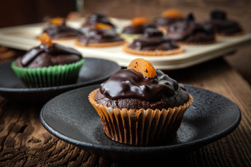 Freshly baked chocolate muffins.