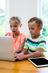 Curious siblings using laptop at home 