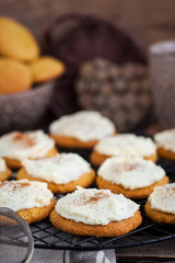 Homemade pumpkin spice cake cookies with glaze and cinnamon