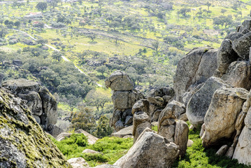 Fototapeta na wymiar scenery with formations of granite, one in the shape of bird prey in the town of Monsanto, Portugal
