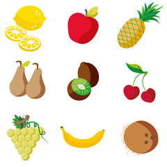 Modern fruits collection isolated on white background: lemon, cherries, red apple, white grapes, brown pears, coconut, banana, kiwi, pineapple. Vector image