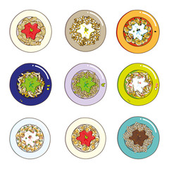 Colorful pasta plates set: a collection of the typical italian dishes as tomato sauces pasta, pesto pasta, carbonara pasta, bolognese sauce fettuccine, alfredo cheese macaroni. Vector image, isolated