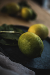 Fresh ripe citrus. Lemons, limes on dark background
