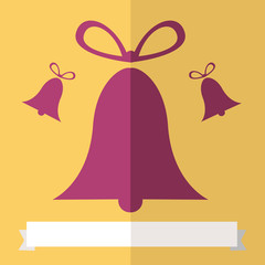 Three purple Christmas bells flat design illustration on a mustard  background, with a ribbon for copy space on the bottom. Vector image.