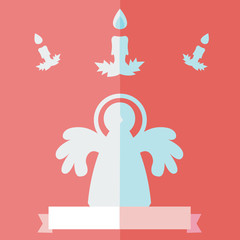 Obraz premium A white Christmas Angel flat design illustration, under a candle on a purple background, with a ribbon for copy space on the bottom. Vector image.