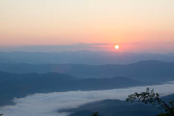 mountain landscape when the sun is sunrise can see mist at nan, Thailand