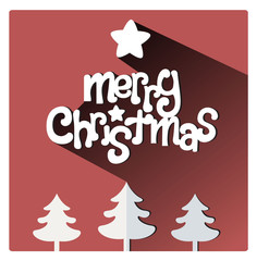 Merry Christmas flat lettering design greetings card. Long Shadow on purple warm background, christmas trees on the footer, vector illustration