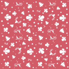 Christmas pattern: white trees, angels, rein deer heads, sleighs and stars on a red background. Vector image