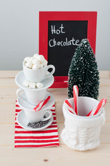 Hot chocolate station with. cups, mini marshmallow, candy canes. A decorative tree and a chalkboard sign