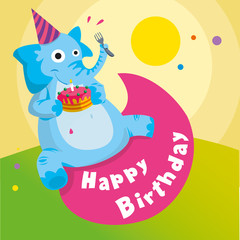 Birthday card: a funny elephant with a party hat and a cake with a candle. Balloon with wish and natural landscape on the background. Vector illustration.
