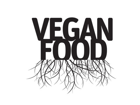 Vegan food and Roots. Black Vector Illustration.
