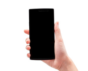 woman hand holding phone isolated on white background