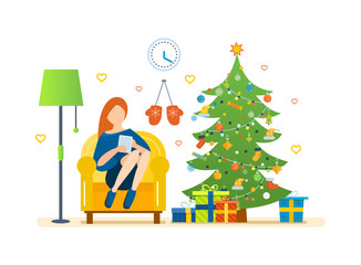 Christmas room interior. Yoga. Healthy lifestyle.