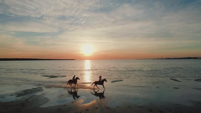 Two Girls are Riding Horses on a Beach