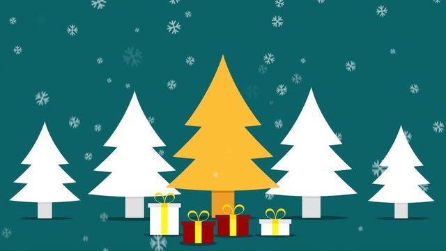 Dancing Christmas trees and gift boxes with snowfall. Looped animation