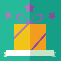 A yellow Christmas gift  flat design illustration on a green background with stars. Ribbon for copy space on the bottom. Vector image.