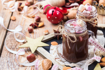 Hot chocolate with marshmallows and spices on christmas table