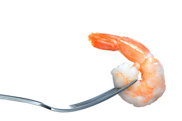 Cooked shrimp on fork isolated on white background