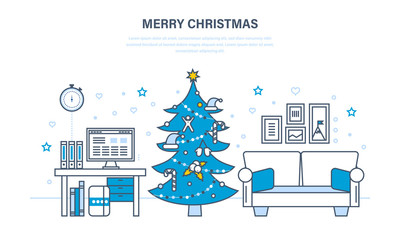 Atmosphere of the new year, festive interior  the room.