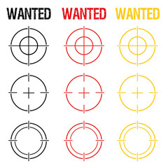 Gun-sight icon collection and wanted erodes lettering isolated on white background. Vector image.