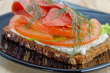 Open-faced smoked salmon sandwich