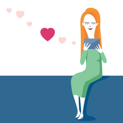 Illustration of woman with a tablet, chatting with her lover. Vector image, copy-space.