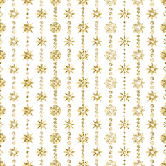 Elegant Seamless pattern with Christmas decorations. Garland from snowflakes with gold glitter on a white background