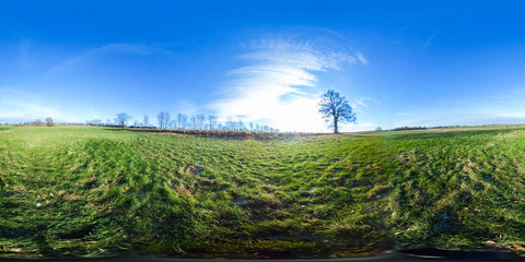 
360 degrees spherical panorama of green fields  and blue sky in autumn