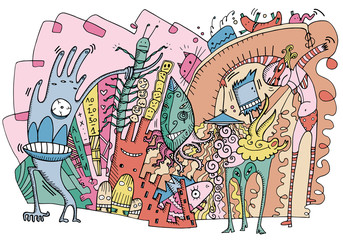 Colorful illustration like doodles, representing an alien world with strange characters. Excess, eccentricity, street art concept. Vector illustration on white background.