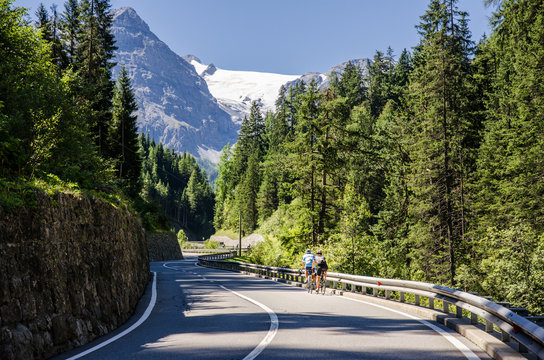 Turns of famous Passo Dello Stelvio Climb. Italian - Swiss border, Alpen. Original wallpaper with road, or theme of transport