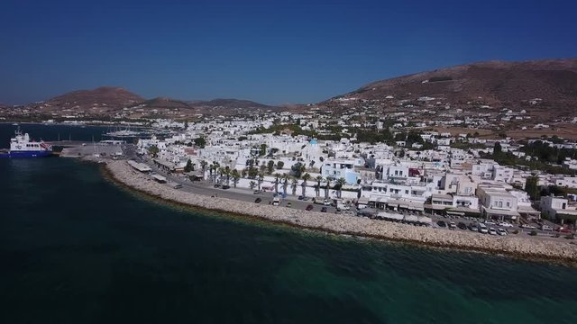 Aerial approach from sea of the town Parikia on the island Paros, Greece.