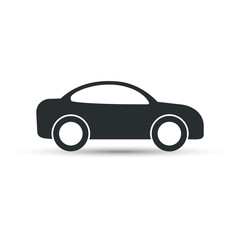 Car icon, vector. Side view. Simple black car sign with shadow.
