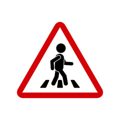 Road red sign with pedestrian on crosswalk, vector simple triangular symbol. Pedestrian crossing icon.