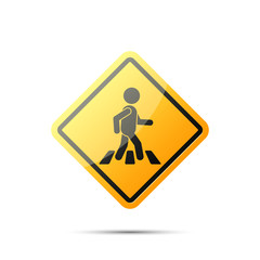 Road yellow sign with pedestrian on crosswalk, vector simple rhombus symbol. Pedestrian crossing icon.