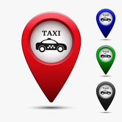 Map pointer set with symbol taxi cab in flat design. For location maps. Color sign for navigation. Index location on map. Vector isolated illustration.