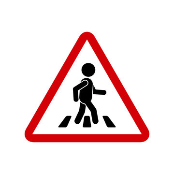 Road red sign with pedestrian on crosswalk, vector simple triangular symbol. Pedestrian crossing icon.