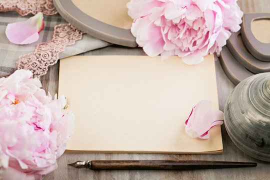 Empty Blank Paper on Retro Background with Peony Flowers and Vin
