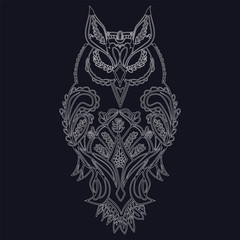 Diagram owl white on a black background, with patterns for drawing, vector.