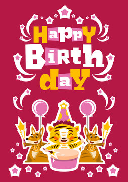 Greeting card happy birthday. Designed for printing invitations, wishes. Lion Drumming. Kangaroo and her baby. Squib. Balloon explosion, fireworks, stars. Pink background. Vector illustration