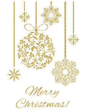 Elegant Christmas postcard: Christmas decoration with gold glitter on a white background