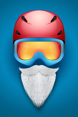 Poster of Santa Claus symbol with helmets and goggles and white beard. Masquerade Party Template. Vector Illustration Background